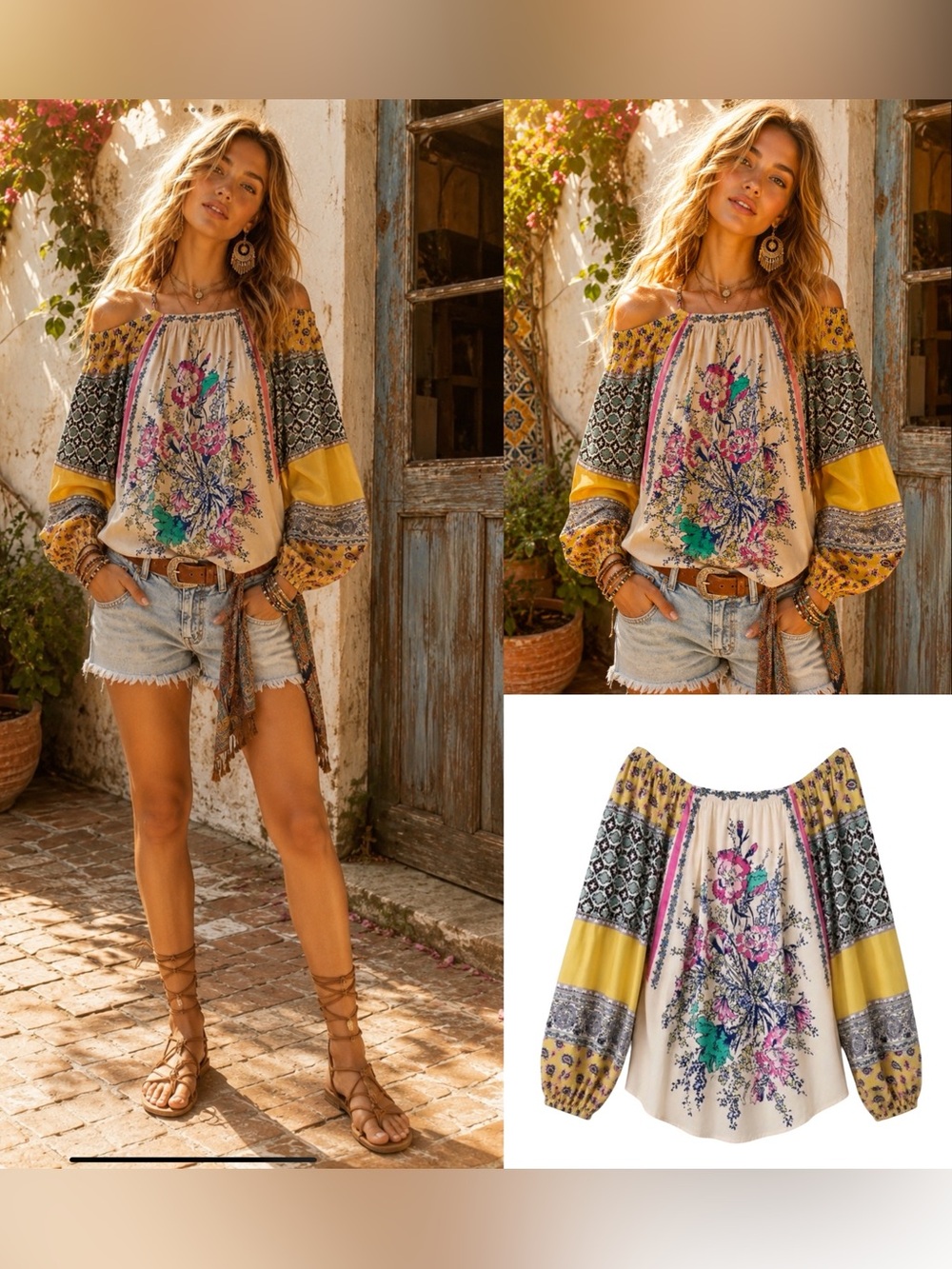 Free People Boho Off The Shoulder Floral Patchwork Blouse Oversized XS BOHEMIAN